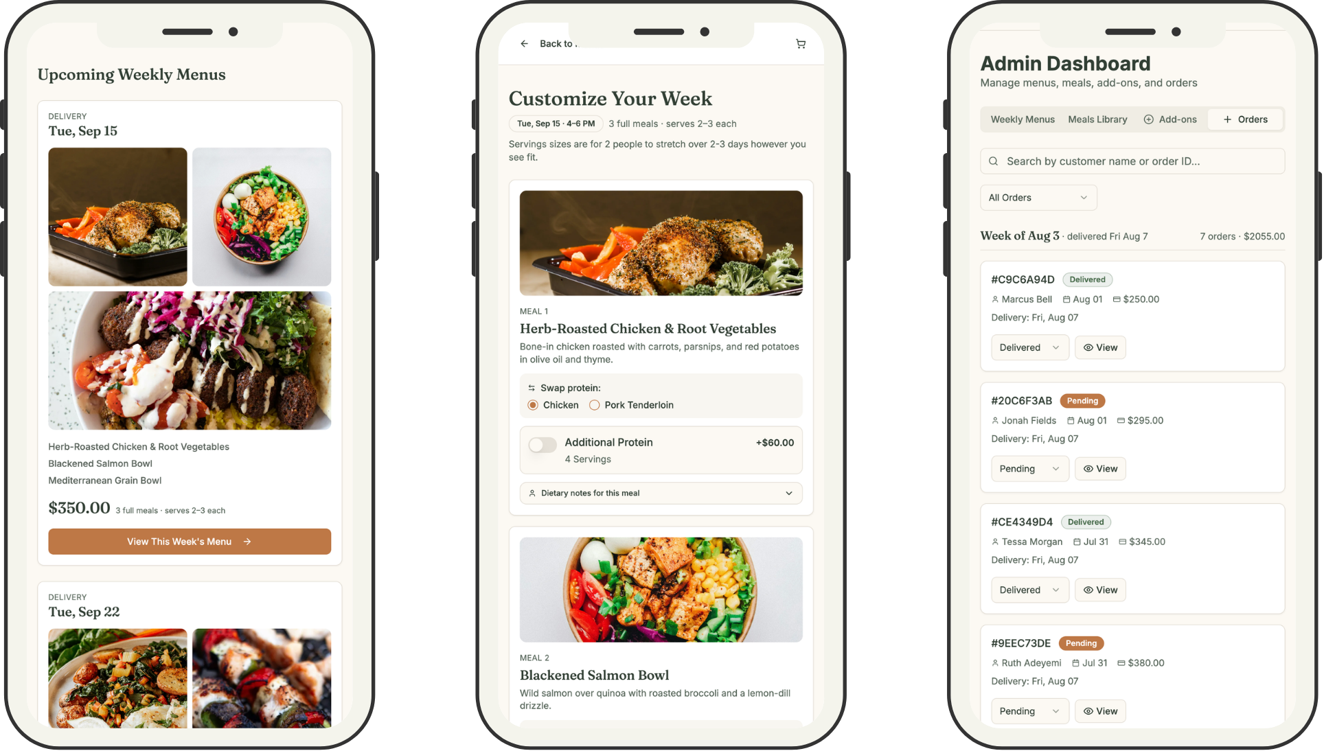 CLC Meals app screens: weekly menus, customize your week, and admin dashboard
